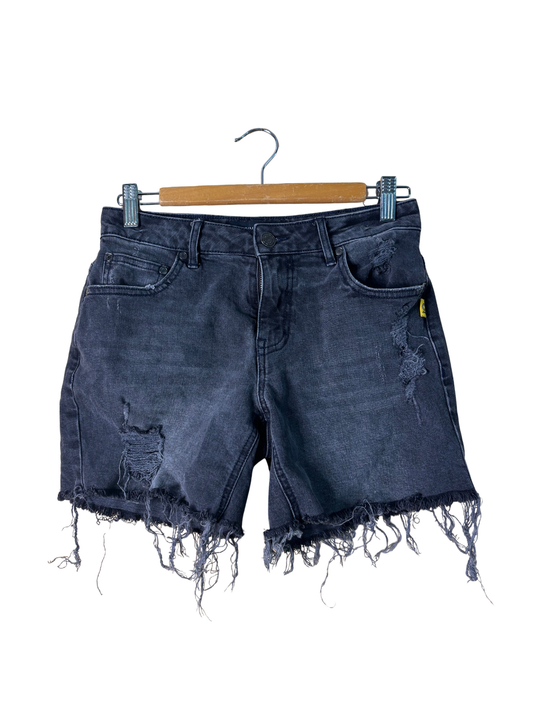 00s Black/Grey Fitted Distressed Mid-Rise Denim Shorts