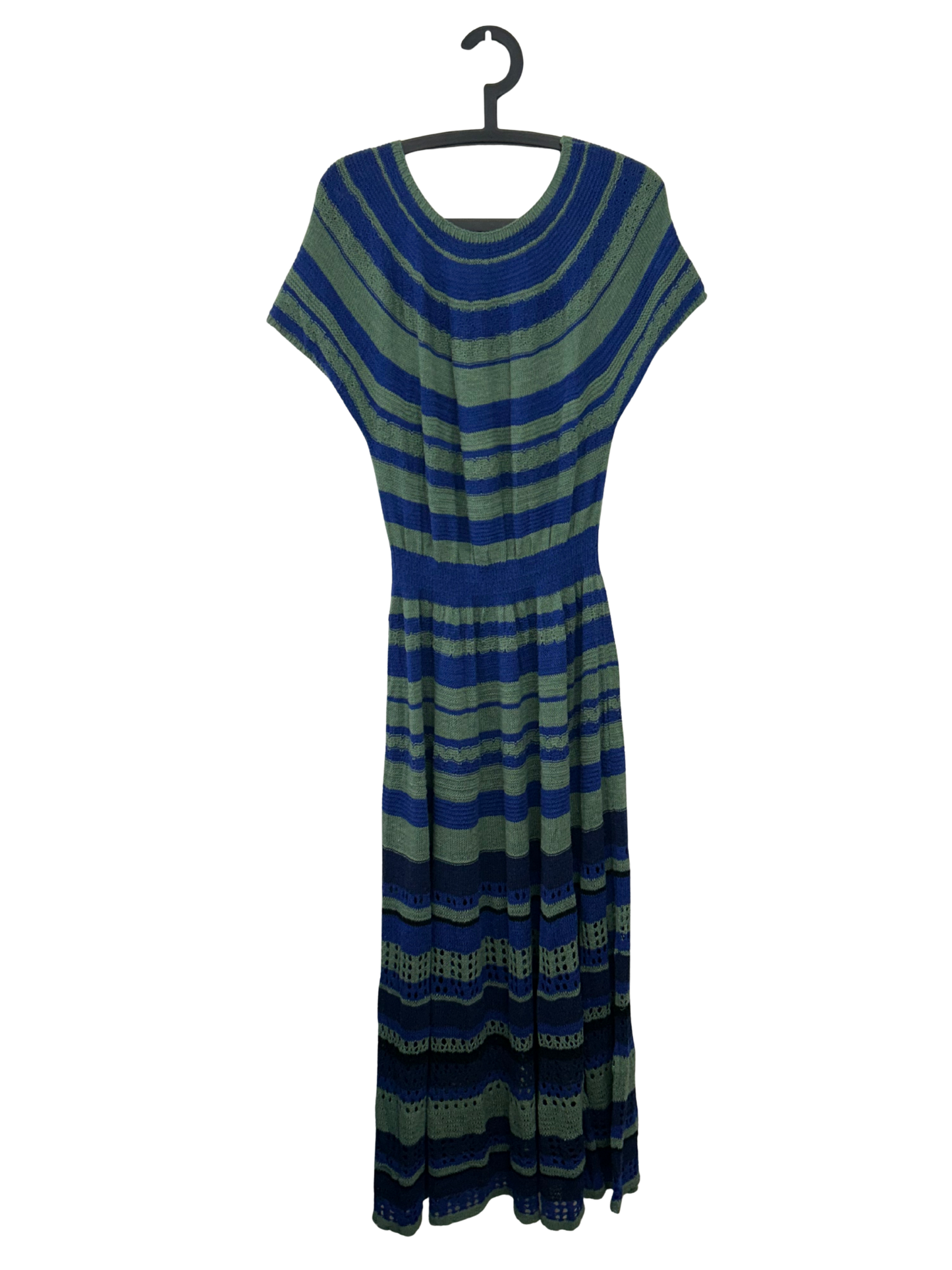 Green & Blue Striped Crochet Short Sleeve Maxi Dress