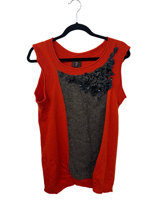 Red & Grey Knit Long Sleeveless Top with Embellishments