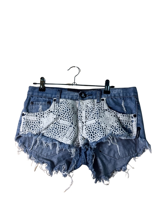 Blue Denim Low-Rise Raw Hem Shorts with Crochet