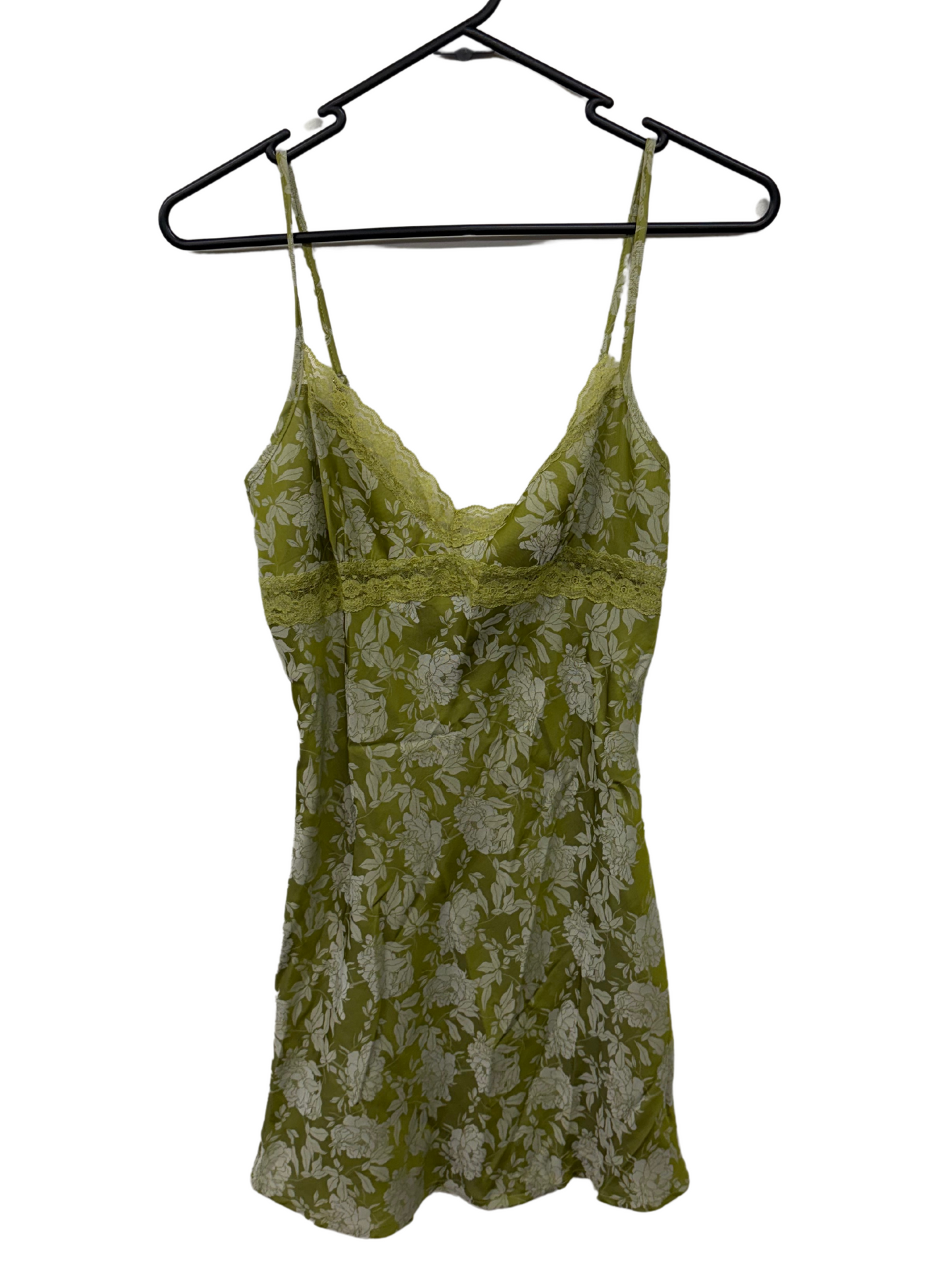 Green & Cream Floral Print Strappy Slip Dress with Lace