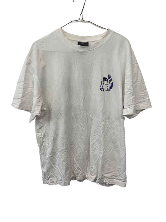 White Short Sleeve T Shirt with Blue Grecian Text Front & Back