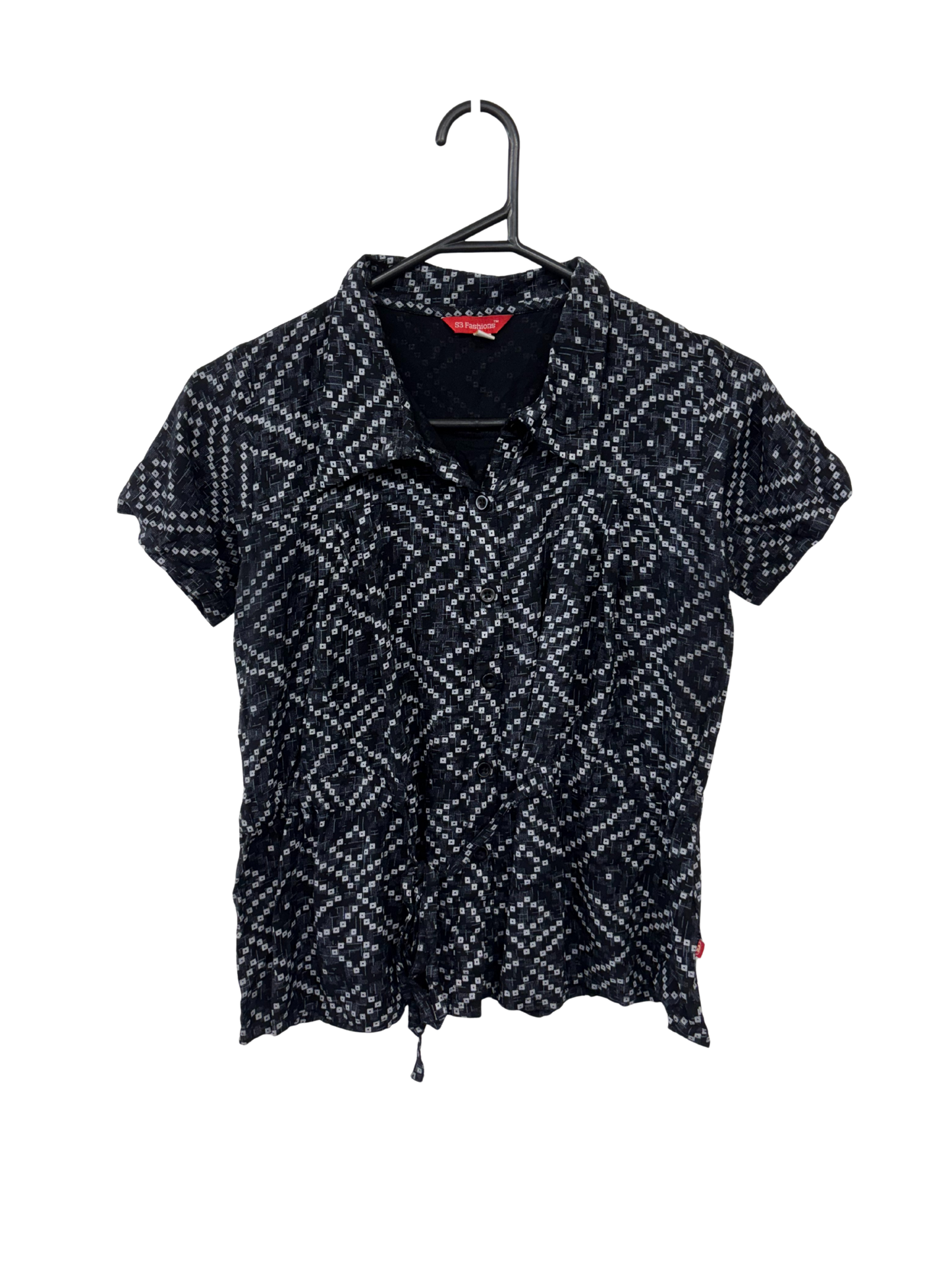 Black & White Square Patterned Short Sleeve Button Up Shirt