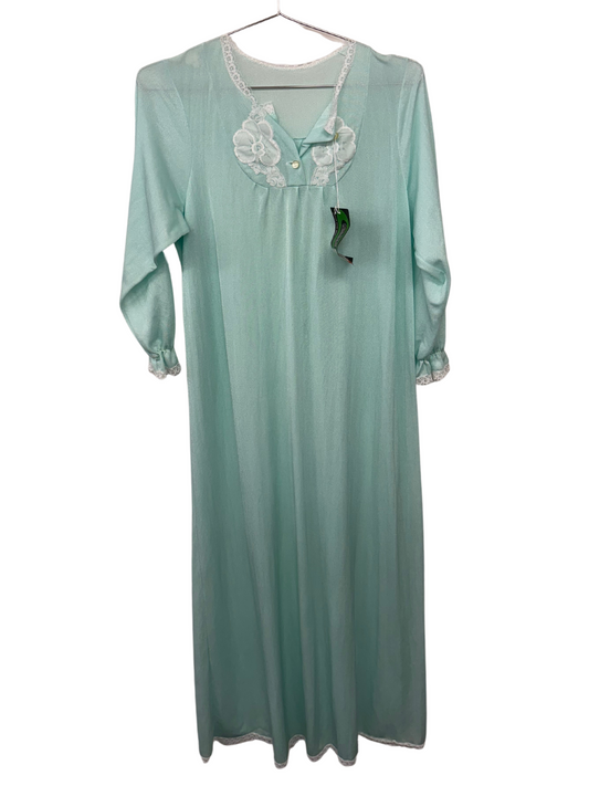 70s Deadstock Light Blue & Lace Long Sleeve Maxi Nightdress