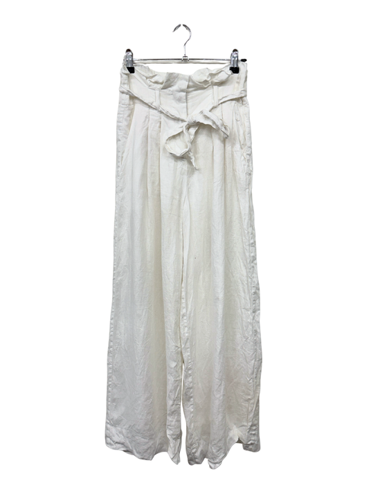 White High-Rise Wide Leg Linen Pants with Tie