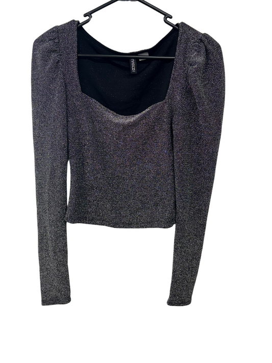 Black & Silver Sparkle Long Sleeve Square Neck Top