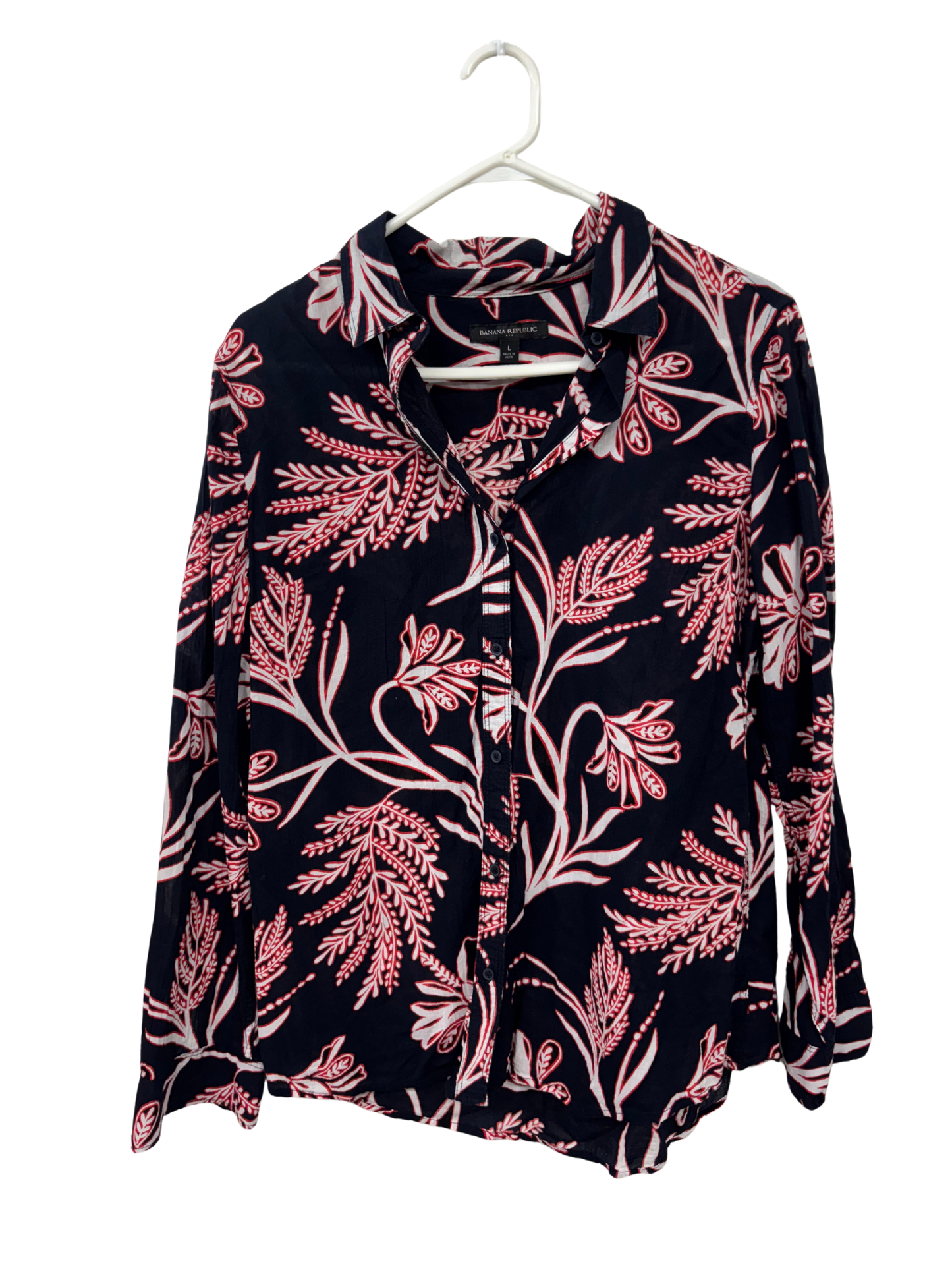 Black, Red & White Floral Pattern Long Sleeve Button Up Shirt