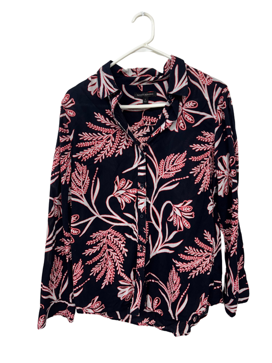 Black, Red & White Floral Pattern Long Sleeve Button Up Shirt