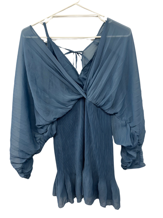 Blue Batwing Pleated Short Dress