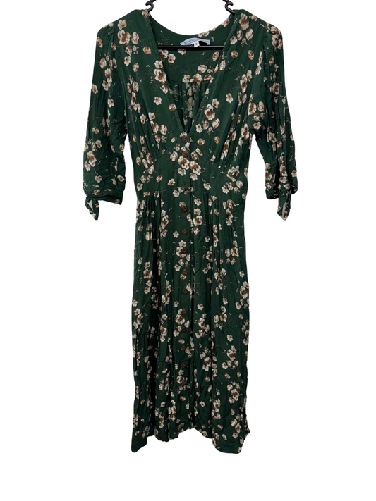 Dark Green, Cream, Brown Floral Print Midi Dress