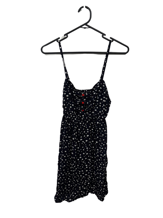 Black Strappy Dress with White Heart Pattern & Bow and Button Bust Detail