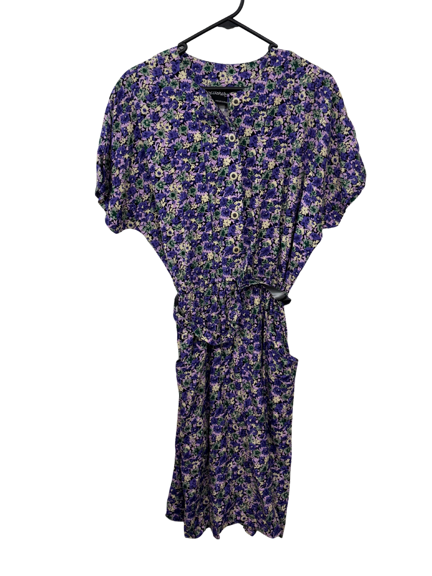 80s Purple, Black, Yellow Floral Print Short Sleeve Button Up Midi Dress