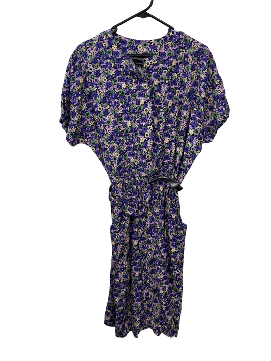 80s Purple, Black, Yellow Floral Print Short Sleeve Button Up Midi Dress