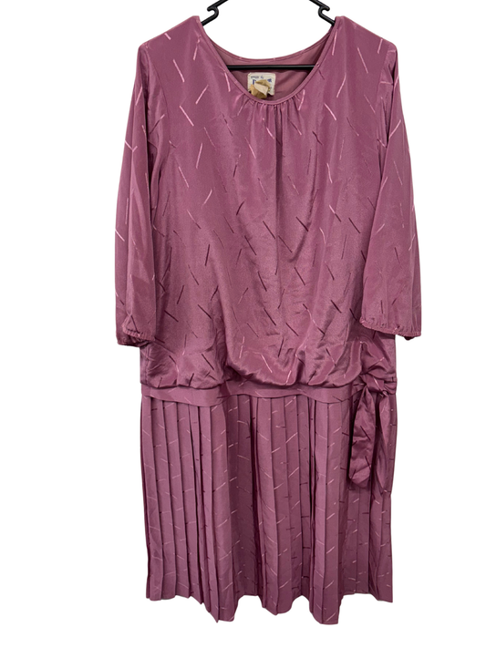 80s Pink Long Sleeve Drop Waist Pleated Dress