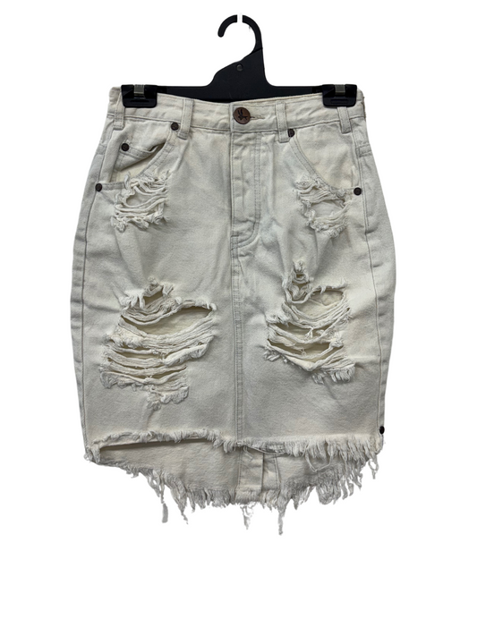 White Mid-Rise Knee Length Distressed Skirt