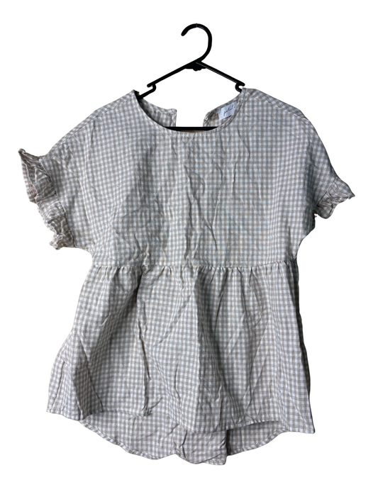 Beige & White Check Short Sleeve Top with Ruffle