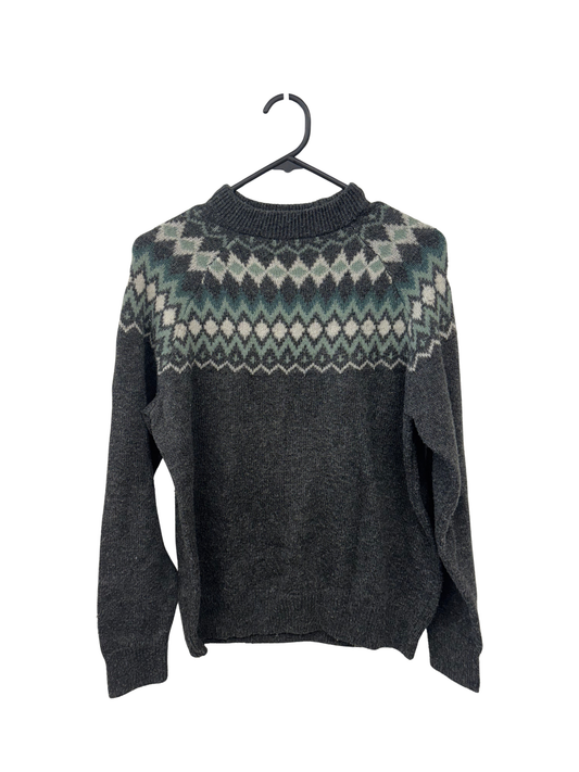 Dark Grey Knit Jumper with White & Green Diamond Pattern