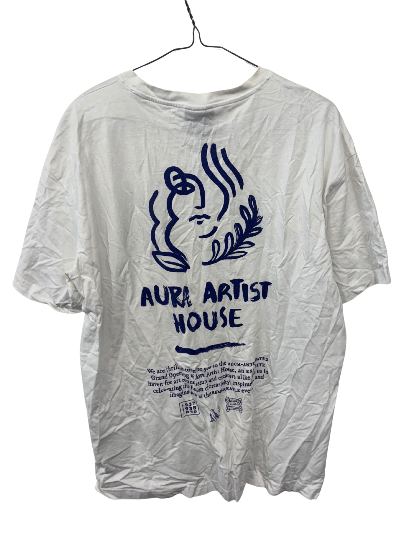 White Short Sleeve T Shirt with Blue Grecian Text Front & Back