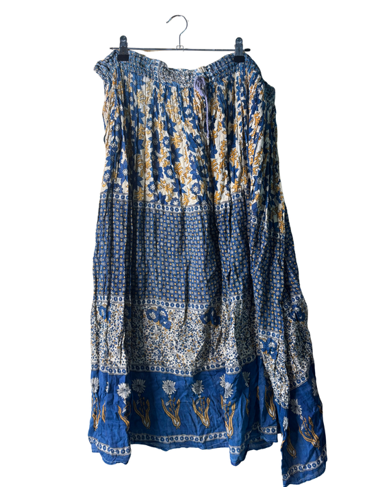 Blue, White Yellow Pattern Midi Skirt
