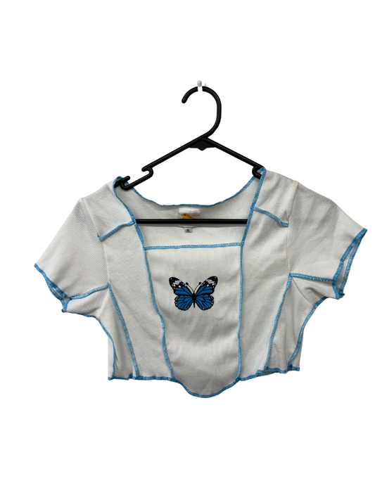 White & Blue Exposed Stitch Short Sleeve Crop Top