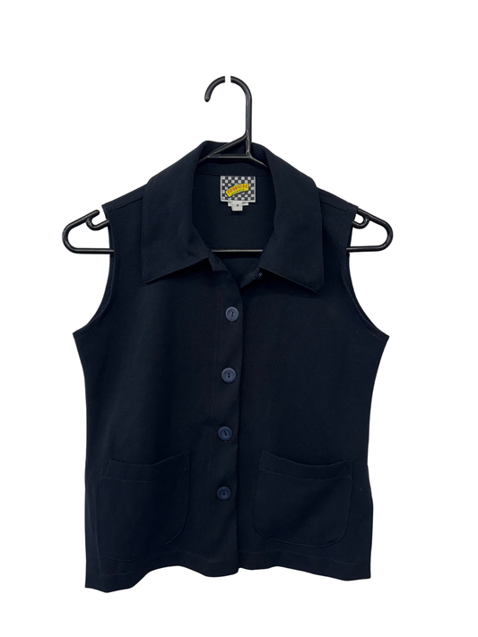 Vintage Dark Blue/Black Sleeveless Button Up Collared Top