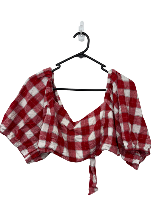 Red & White Check Puffy Sleeve Tie Back Crop Top
