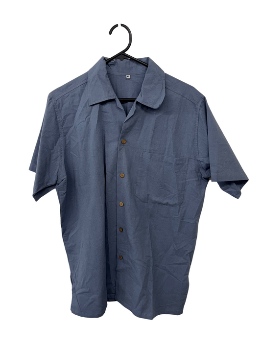 Blue Short Sleeve Button Up Shirt with Wood Buttons