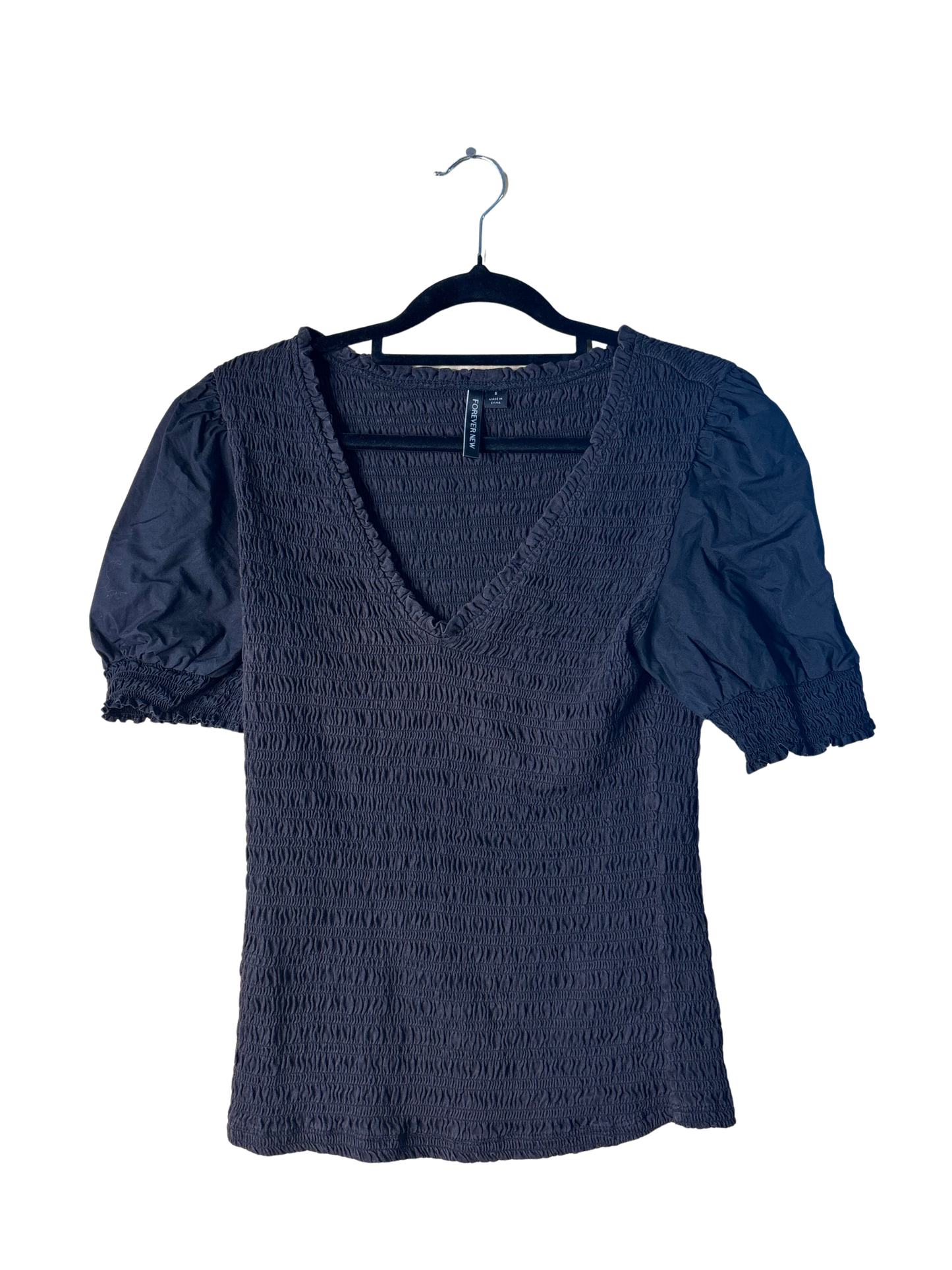 Black Shirred Short Puffy Sleeve Top