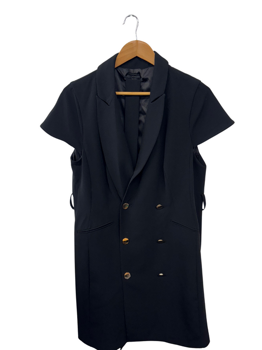 Black Cap Sleeve Button Knee Length Dress with Belt