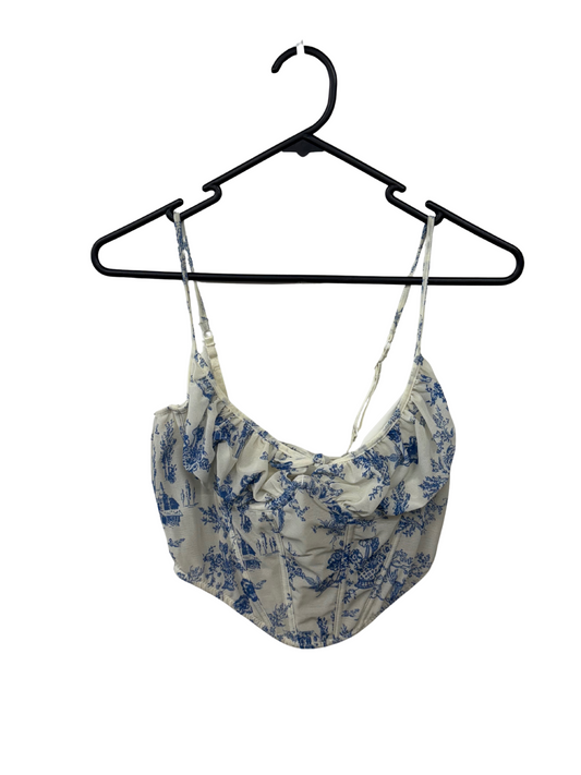 White & Blue Pattern Strappy Mesh Corset Crop Top