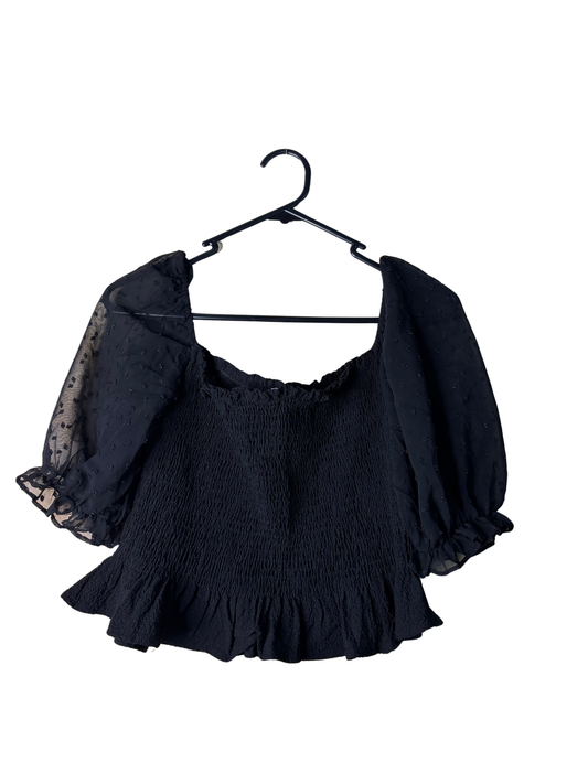 Black Shirred Dot Sheer Sleeve Puffy Sleeve Top