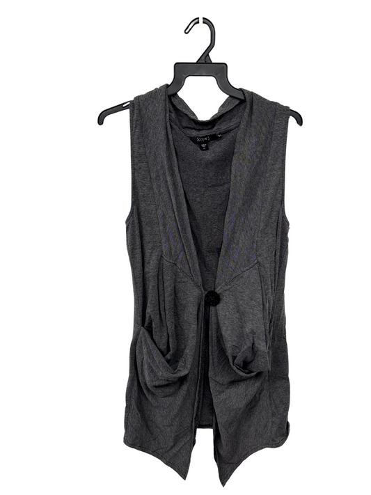Grey Stripe Sleeveless Cardigan with Black Button Closure