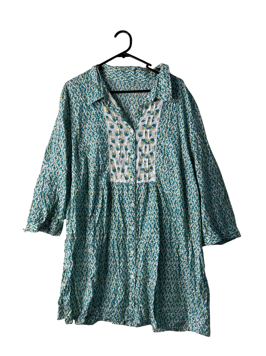 Green & White Long Sleeve Button Up Long Top/Dress