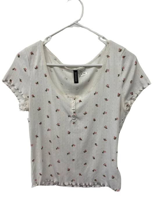 White Pointelle Short Sleeve Top with Rose Print