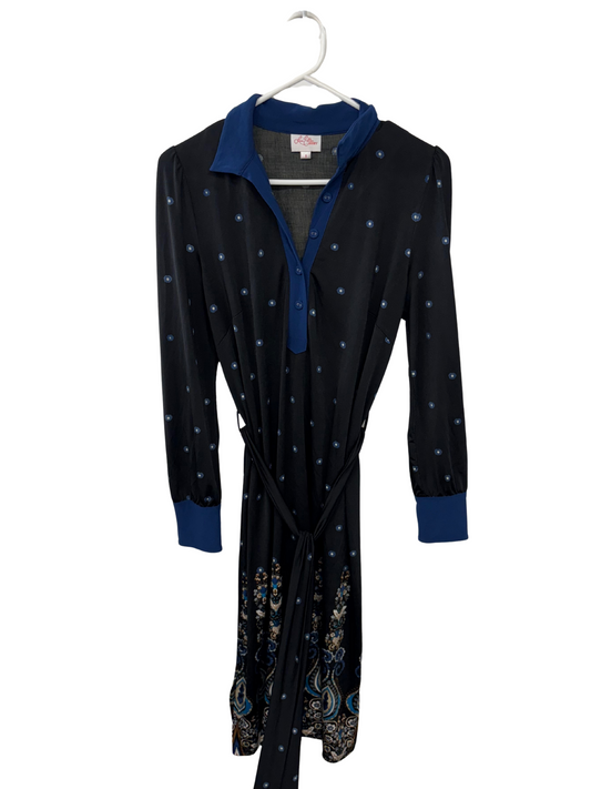 Black & Blue Floral Long Sleeve Collared Knee Length Dress