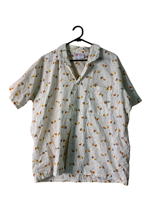 Vintage Cream, Brown & Blue Short Sleeve Button Up Shirt
