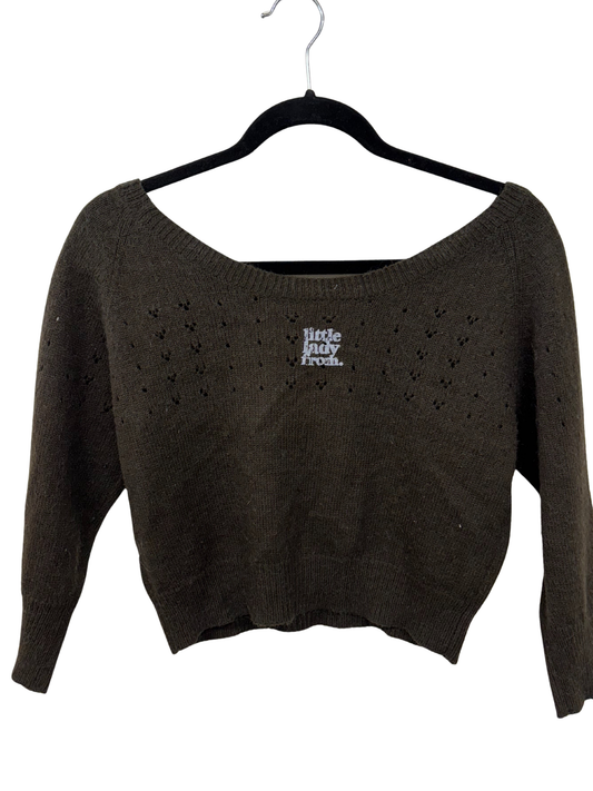Brown Long Sleeve Cropped Knit Top with White Print