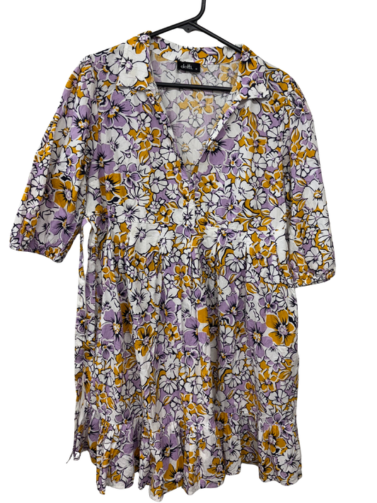 Yellow, Purple & White Floral Print 3/4 Sleeve Midi Dress