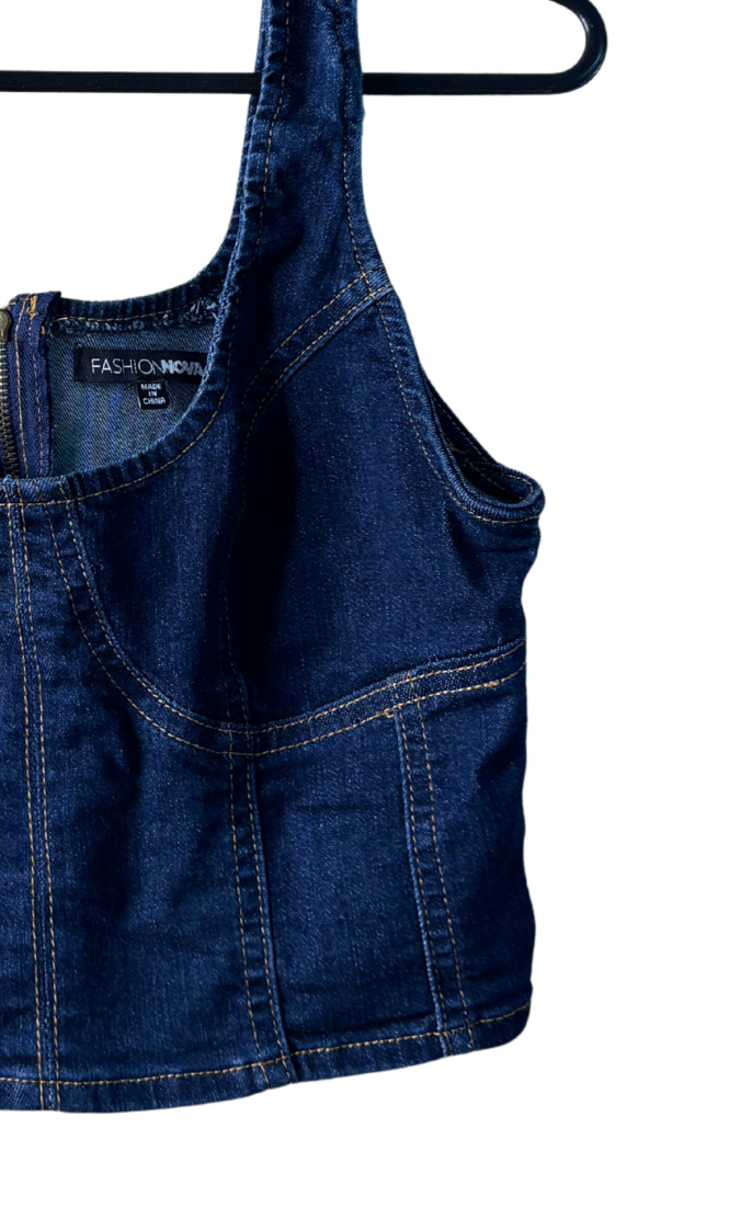 Dark Blue Denim Contrast Stitch Sleeveless Crop Top