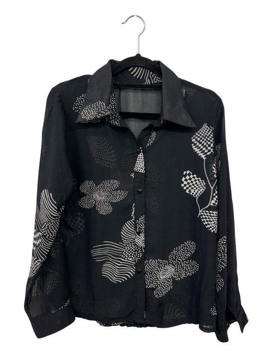 Vintage Black & White Floral Print Sheer Long Sleeve Button Up Shirt