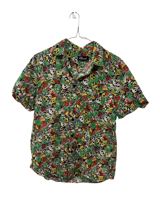 Green, White & Red Short Sleeve Skull Print Short Sleeve Button Up Shirt