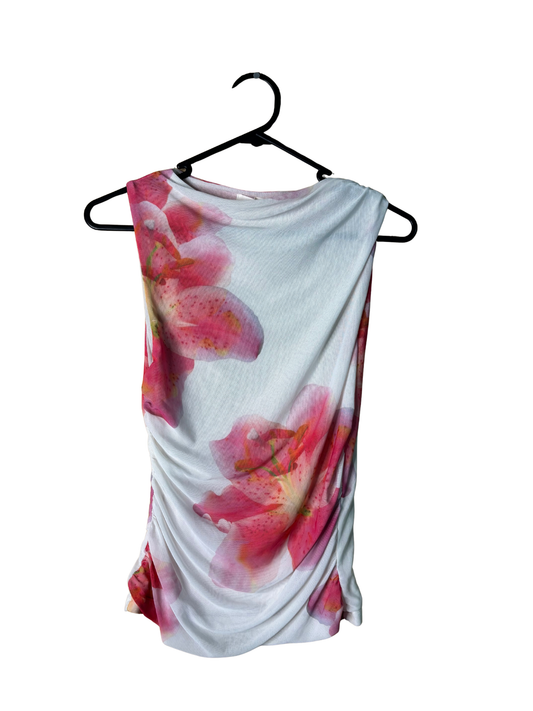 White & Pink Lily Print Mesh Sleeveless Top