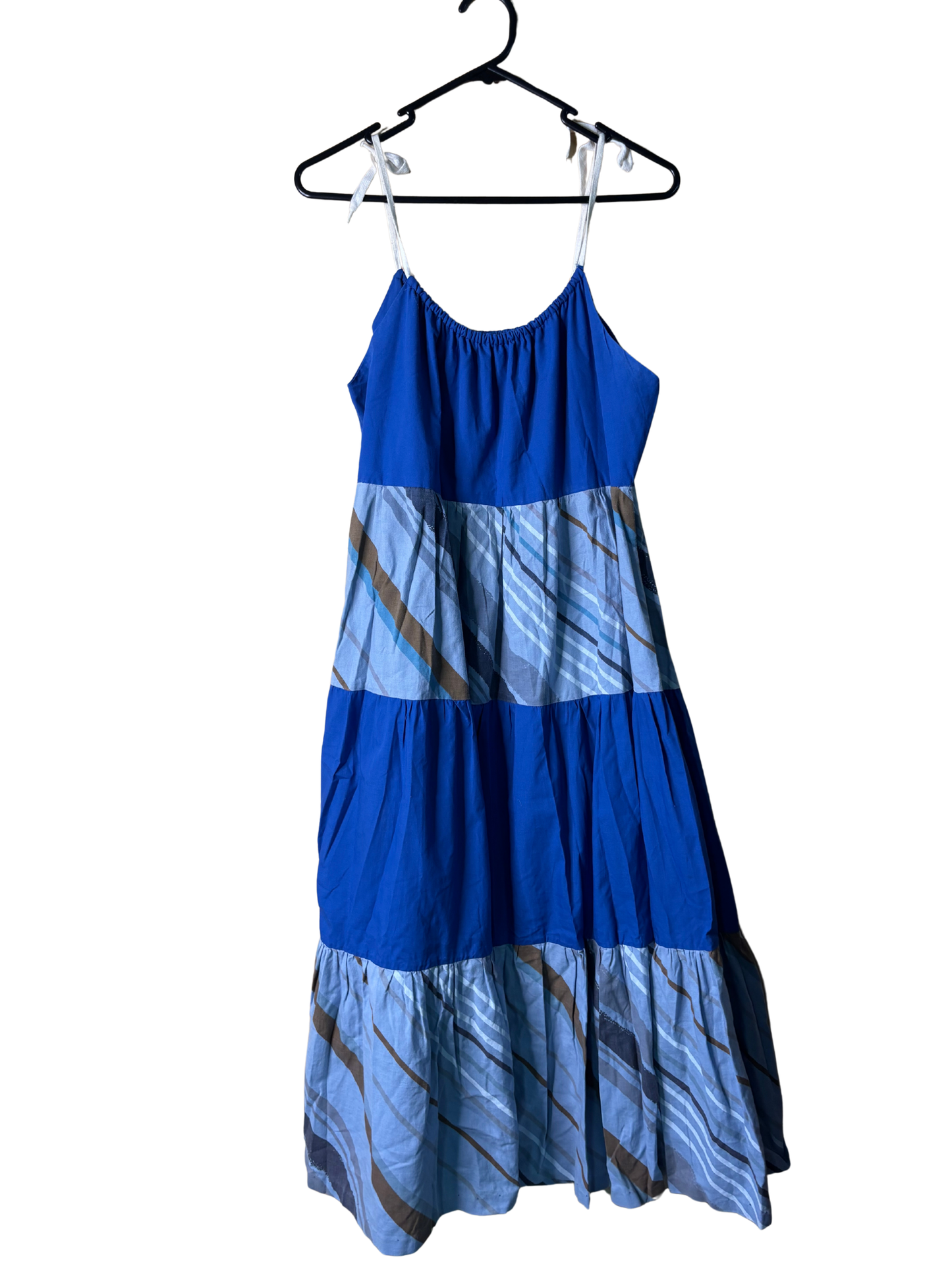 Vintage Blue & Grey Patterned Tiered Panel Strappy Midi Dress