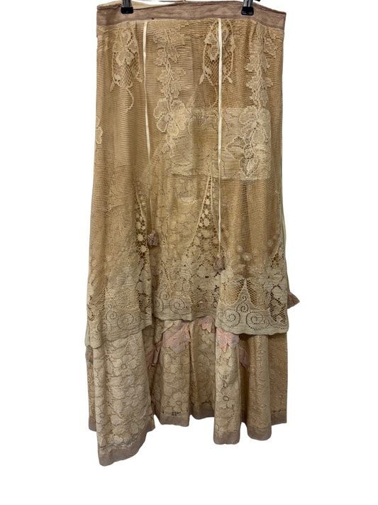 Vintage Yellow/Cream Lace Midi Skirt with Flowers
