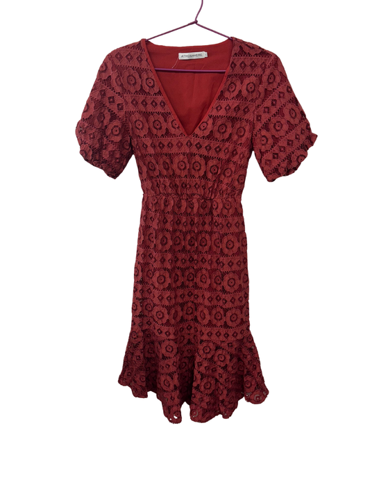 Red Short Sleeve Lace Midi Dress