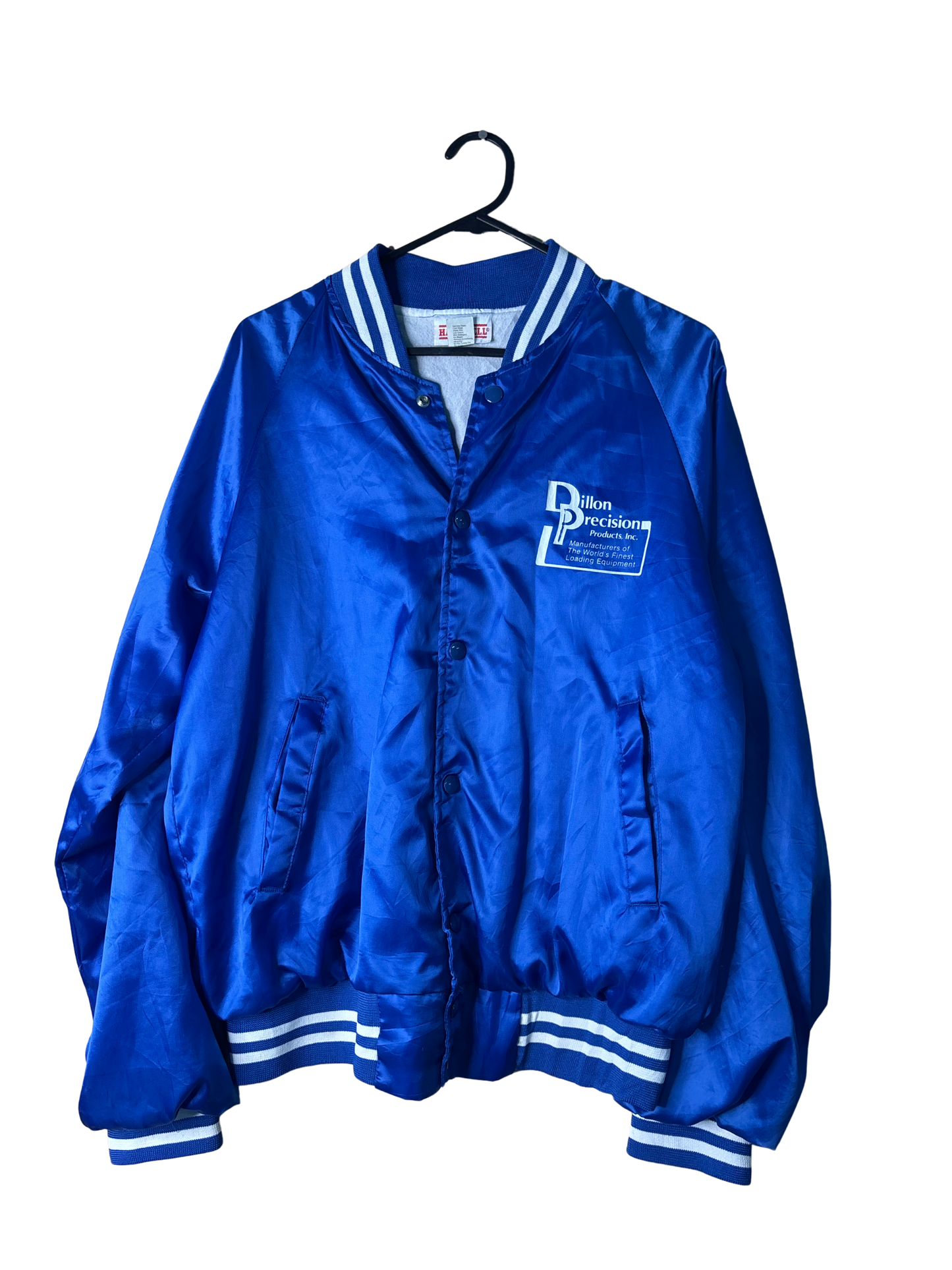 Vintage Blue Button Up Varsity-Style Jacket with White Logo 'Dillon Precision'