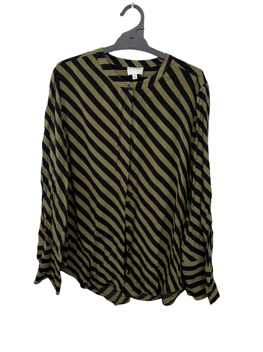 Green & Black Long Sleeve Button Up Collarless Shirt