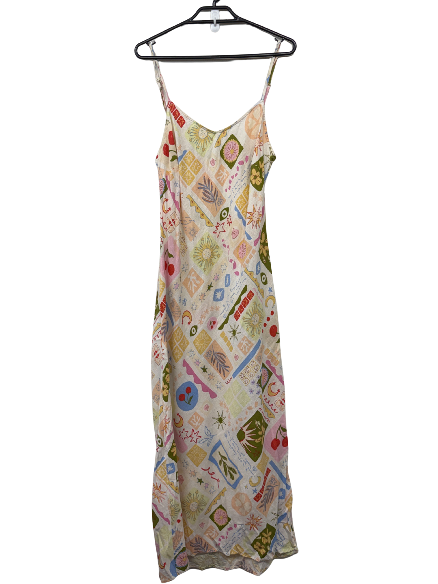 White & Multicolour Sleeveless Maxi Dress with Summer Collage pattern