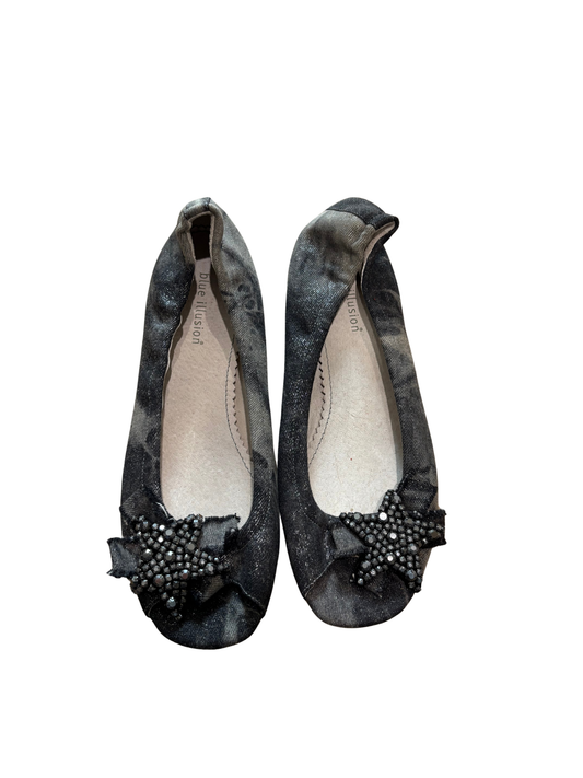 Black Bleached Denim Peep Toe Ballet Flats with Star Diamante