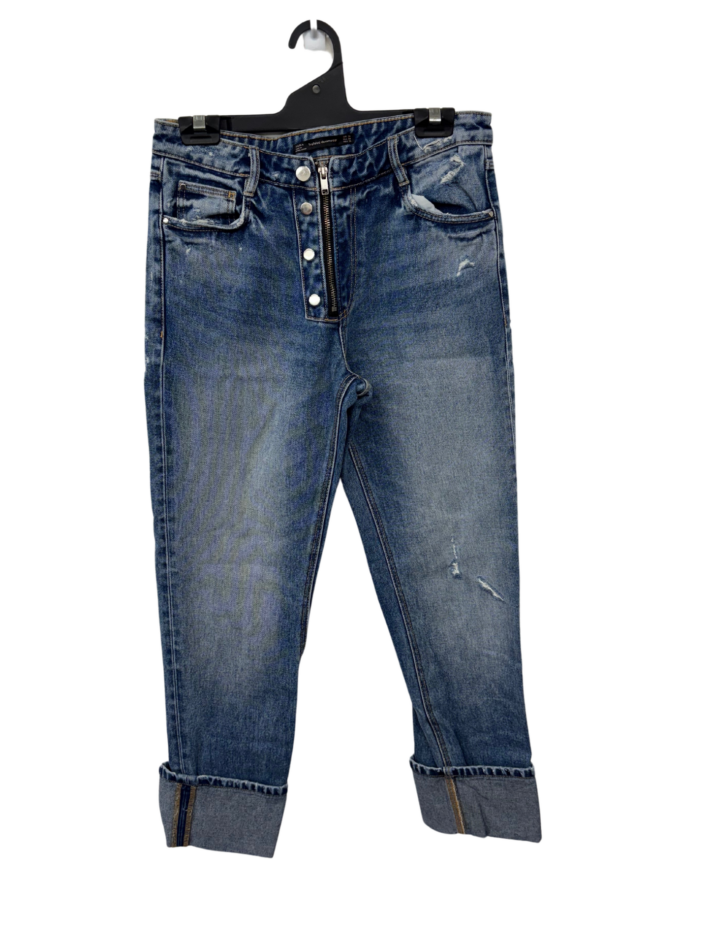 Blue Tapered Distressed Jeans with Exposed Zip